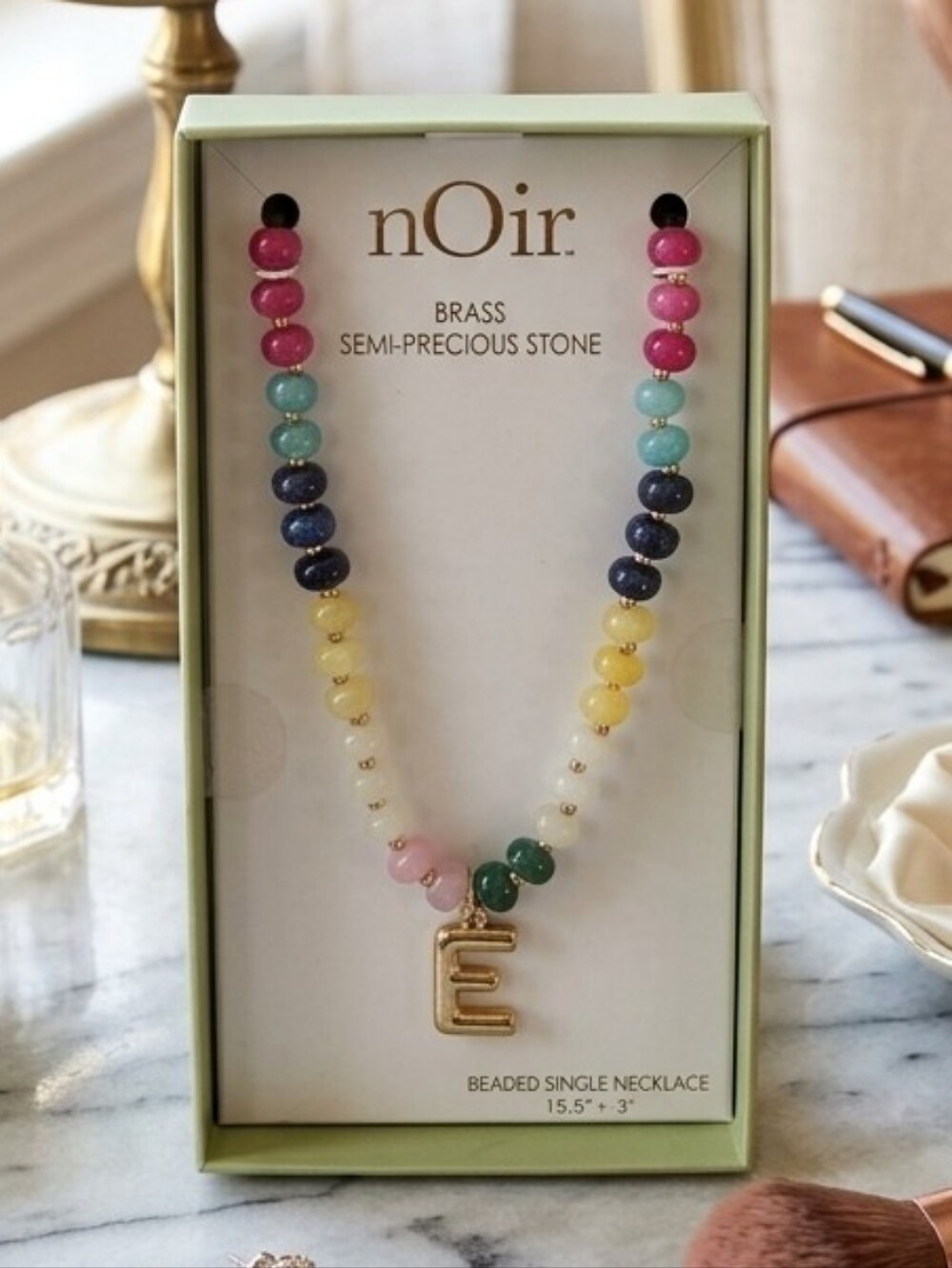 nOir Jewelry Multicolor Semi-Precious Bead Necklace with Gold 'E' Charm